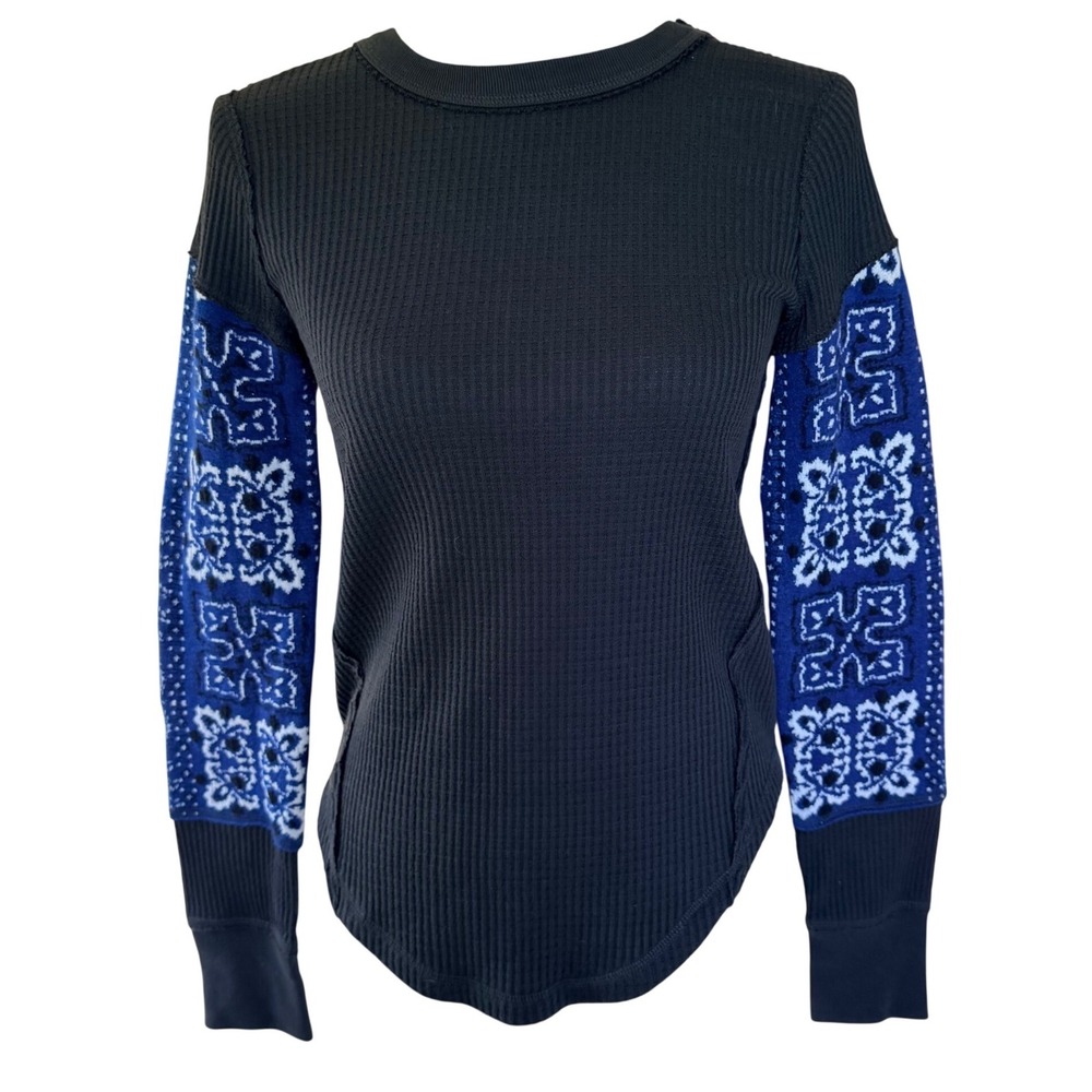 Free People We The Free Nikki Layering Top Bandana Sleeve Thermal Blue XS - Picture 2 of 11